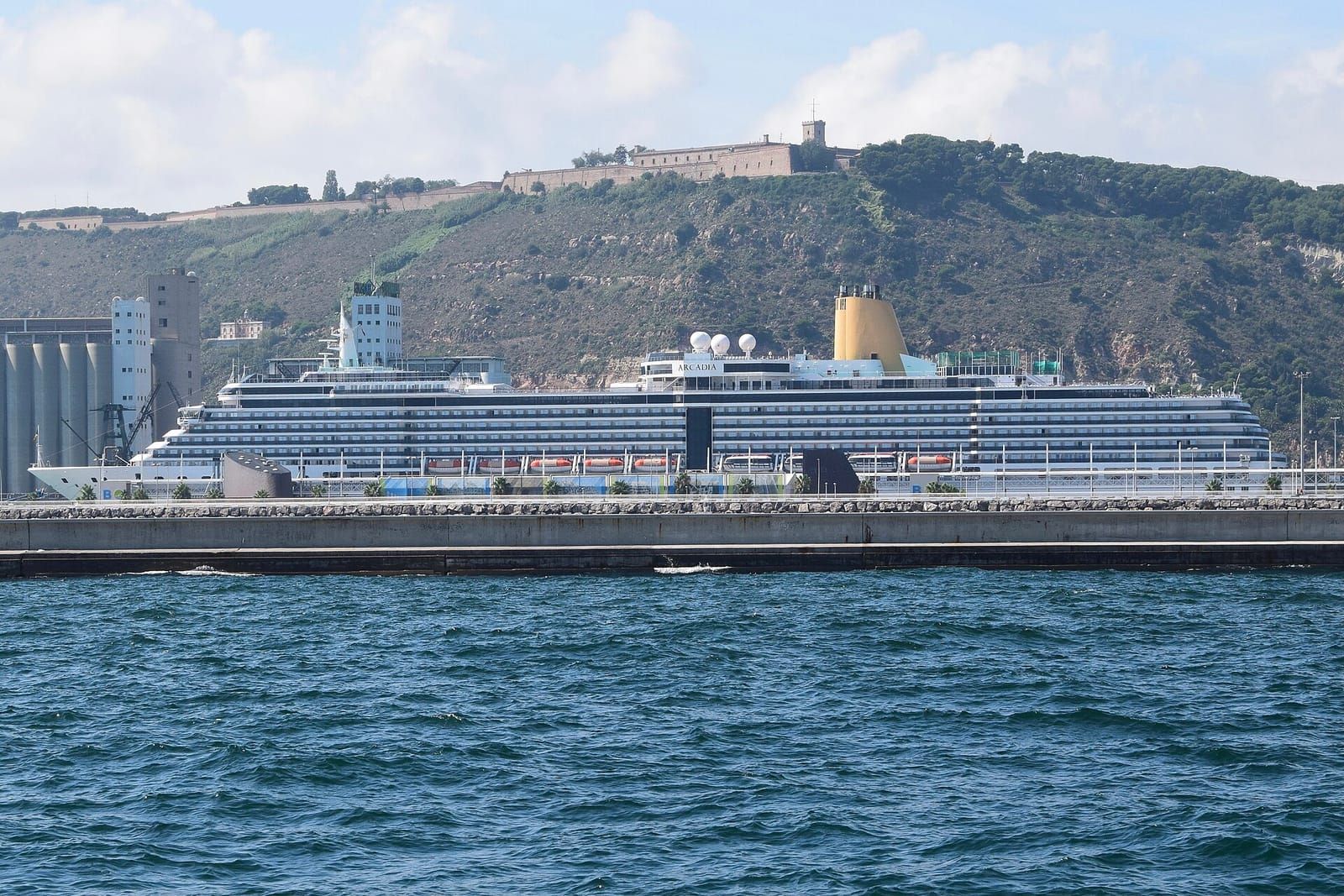 Un crucero en el puerto de Barcelona con Montjuïc al fondo